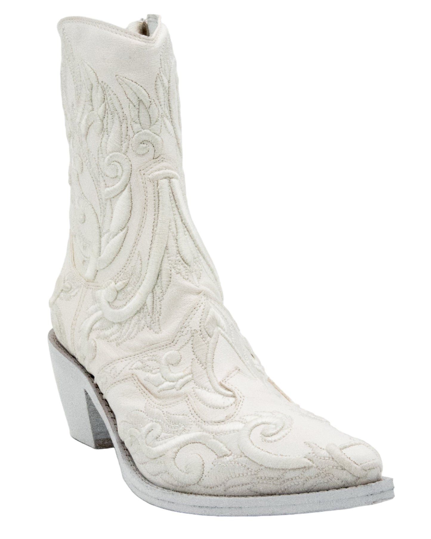 White embroidered cowboy boot on a white background