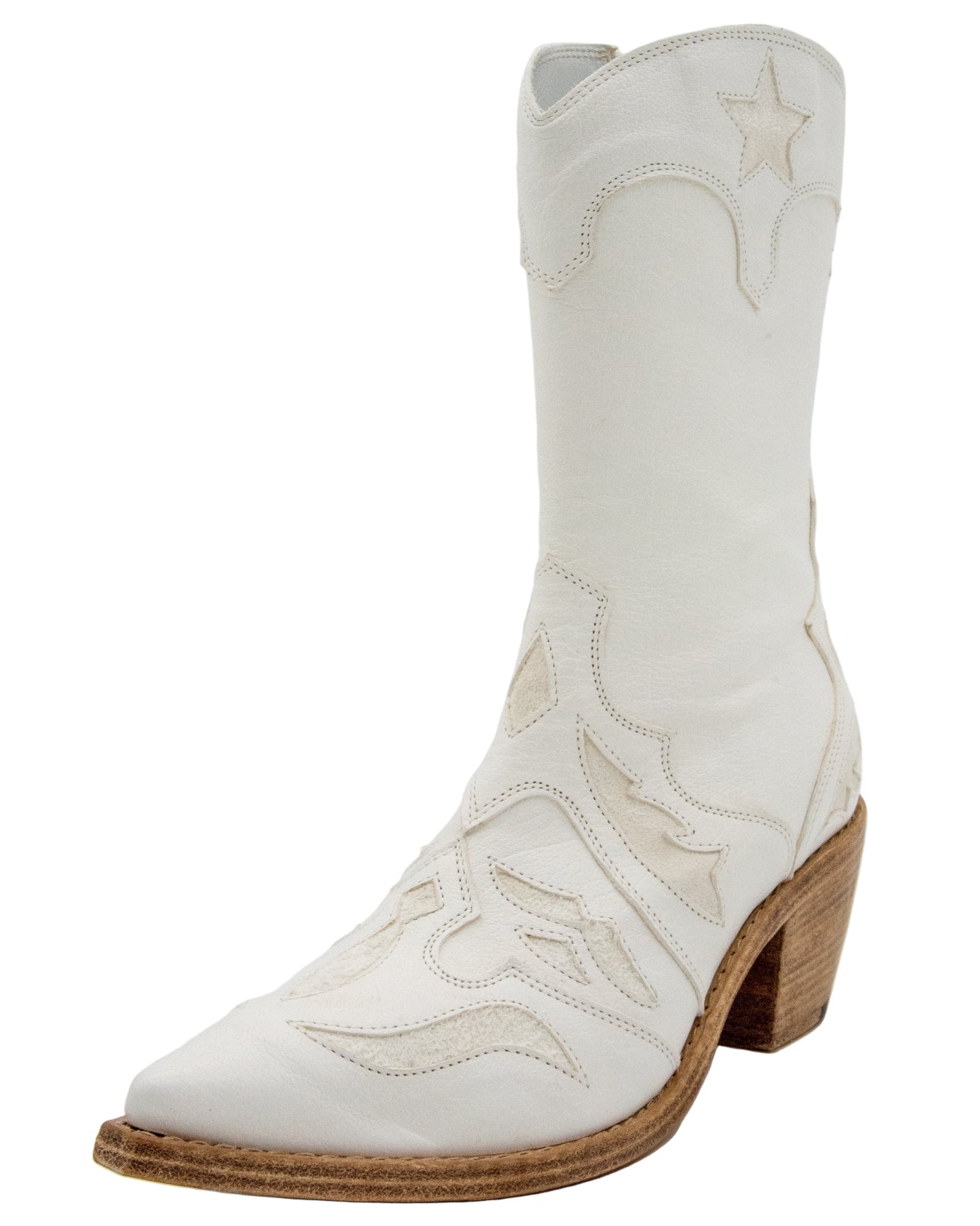 White cowboy boot with star designs on a white background