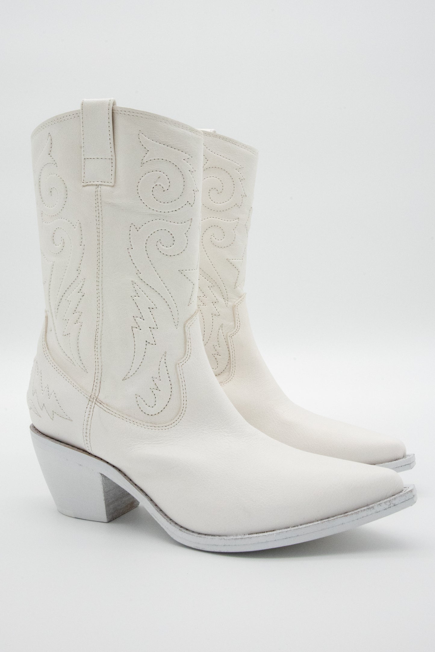 White cowboy boots with western-inspired stitching on a white background