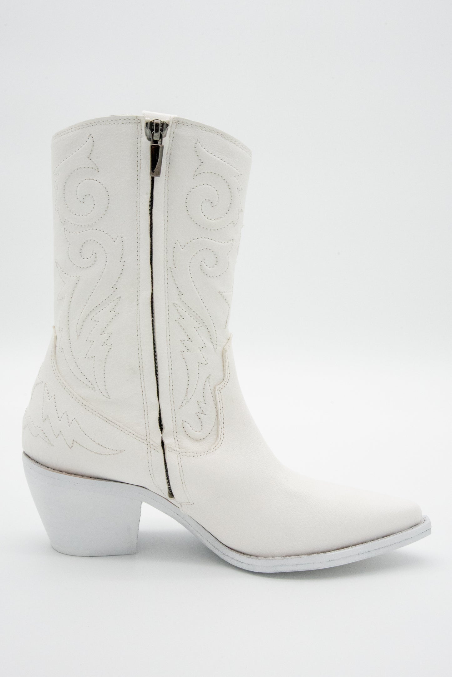 White cowboy boots with western-inspired stitching on a white background.