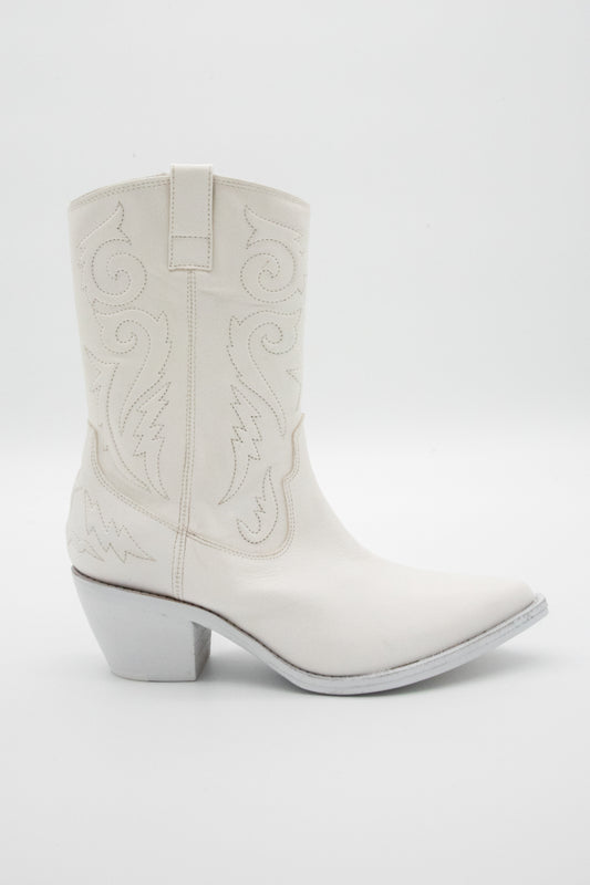 White cowboy boots with western-inspired stitching on a white background