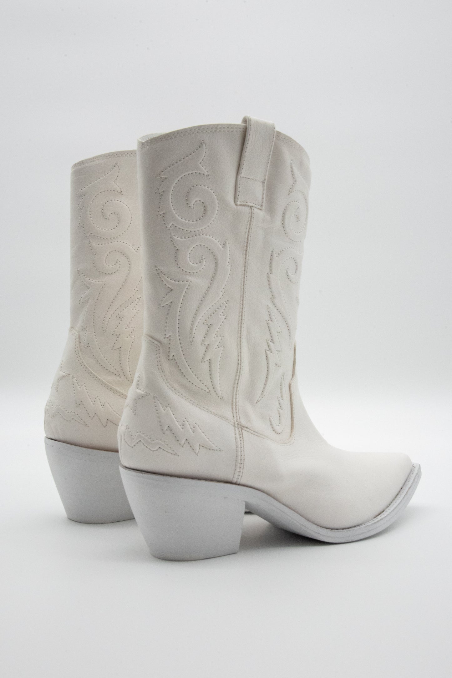 White cowboy boots with western-inspired stitching on a white background