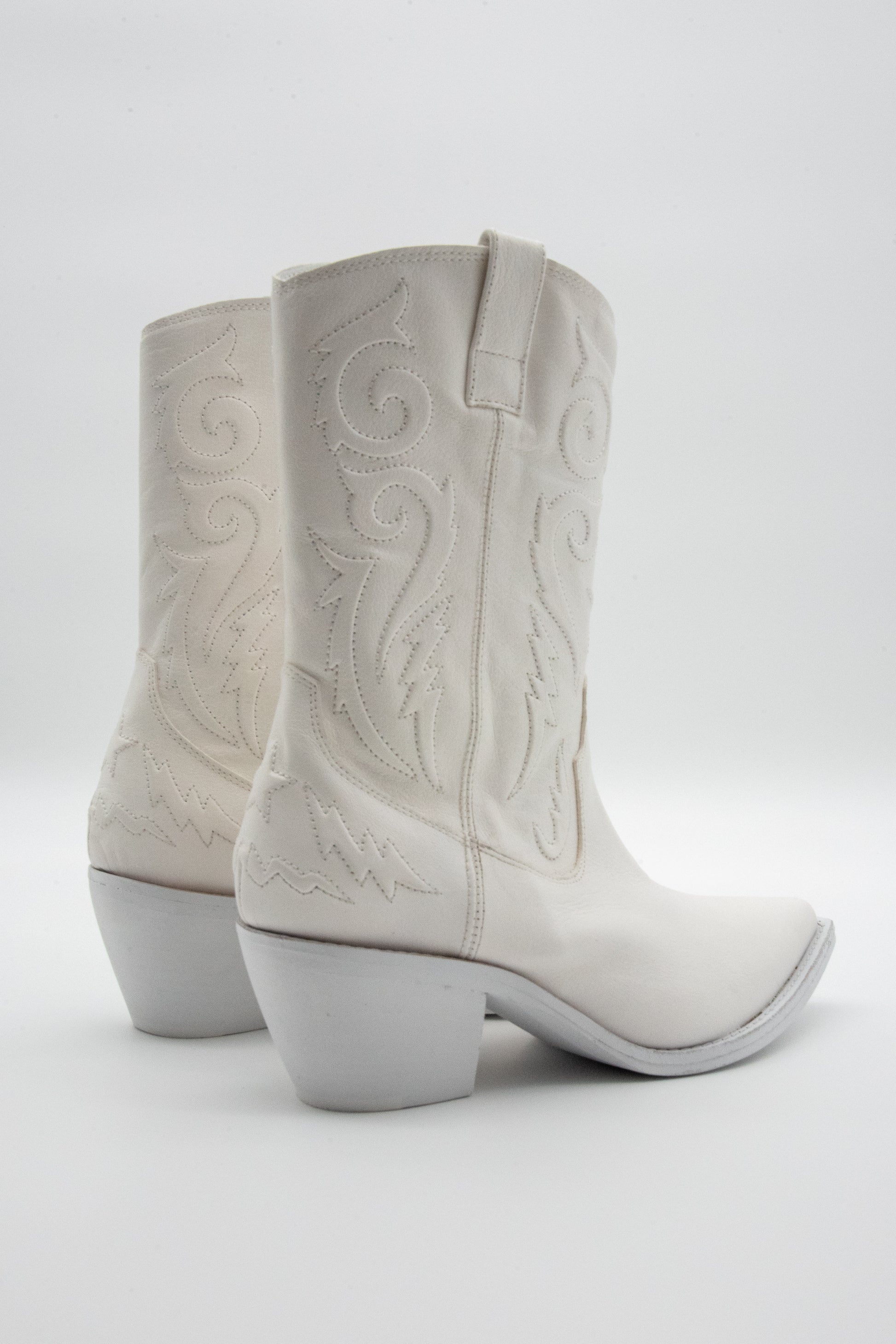 White cowboy boots with western-inspired stitching on a white background